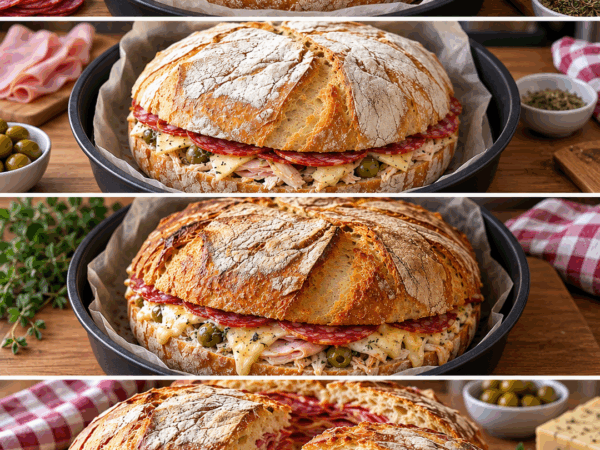 Rustikales Ofenbrot mit Salami, Schinken, Hähnchen, Käse und Oliven