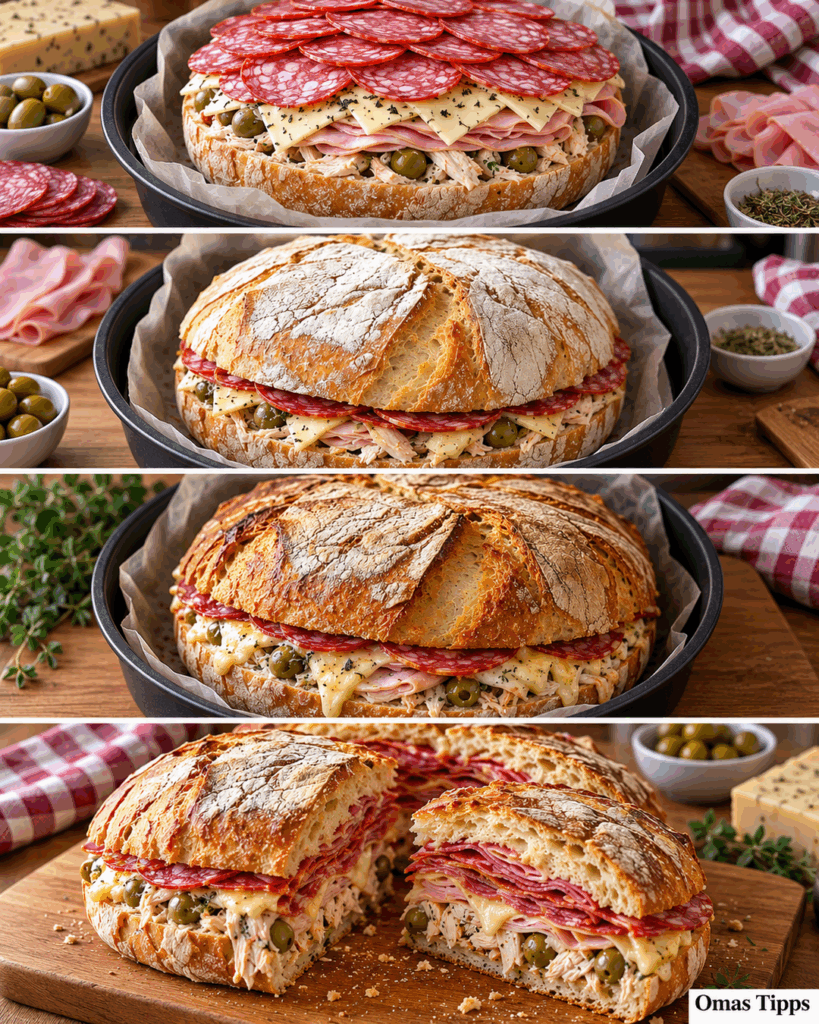 Rustikales Ofenbrot mit Salami, Schinken, Hähnchen, Käse und Oliven