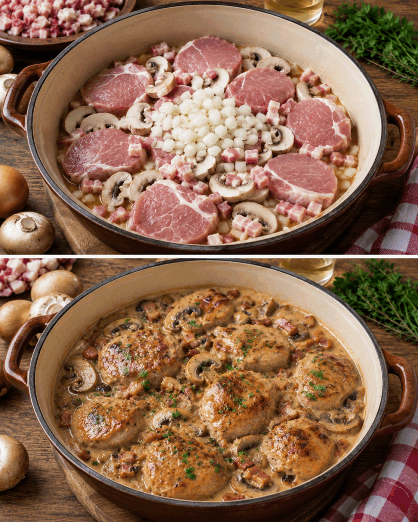 Cremige Schweinemedaillons mit Champignons und Speck – dieses Pfannengericht macht alle am Tisch glücklich