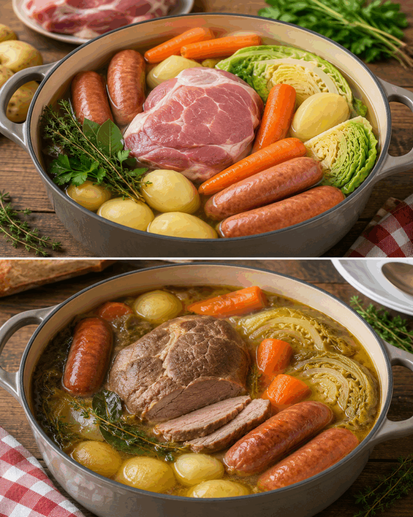 Dieser französische Bauerntopf wärmt von innen: Zarte Schweineschulter mit Würstchen, Kartoffeln und Wirsing