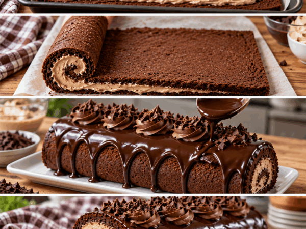 Schokoladen-Biskuitrolle mit Mokka-Creme und glänzender Ganache