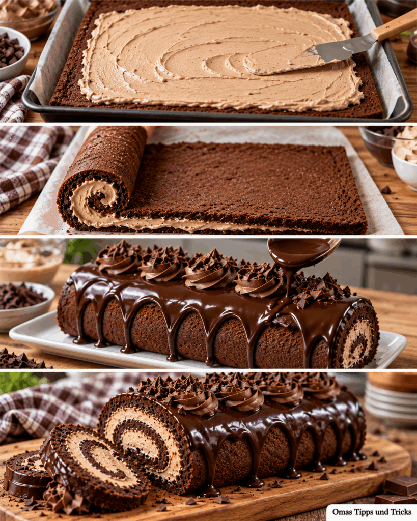 Schokoladen-Biskuitrolle mit Mokka-Creme und glänzender Ganache