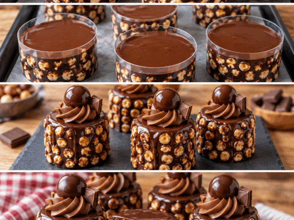 Schoko-Haselnuss-Törtchen mit Knusperboden und glänzender Ganache