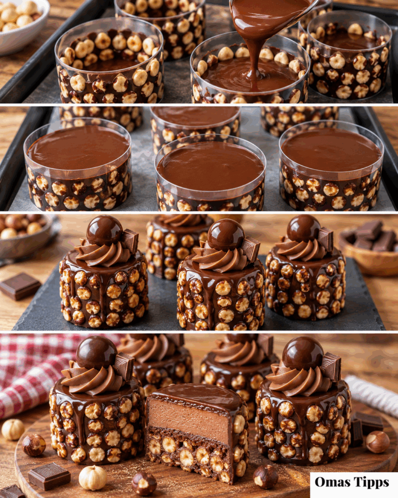 Schoko-Haselnuss-Törtchen mit Knusperboden und glänzender Ganache