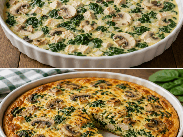 Saftige Quiche ohne Boden mit Hähnchen, Spinat und Champignons – herrlich cremig und einfach
