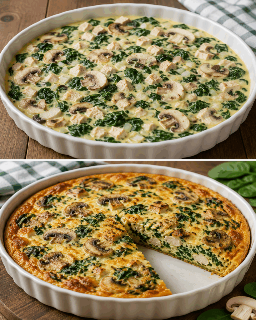 Saftige Quiche ohne Boden mit Hähnchen, Spinat und Champignons – herrlich cremig und einfach