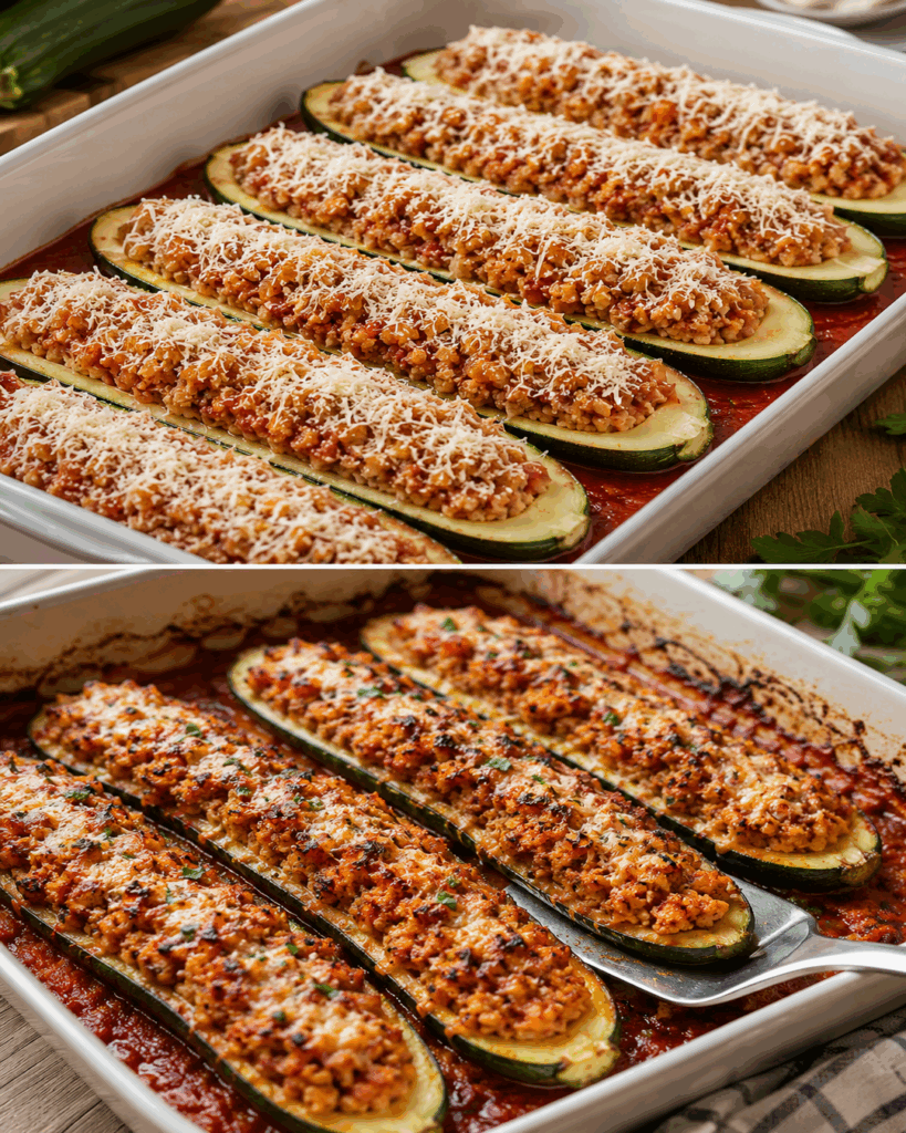 Diese gefüllten Zucchini aus dem Ofen sind schneller weg, als man schauen kann – saftig, würzig und herrlich überbacken
