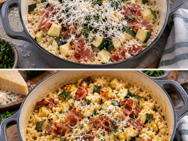 Dieses cremige Zucchini-Risotto mit knusprigem Schinken macht garantiert Lust auf einen zweiten Teller
