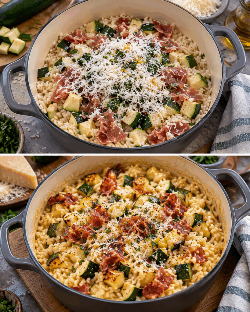 Dieses cremige Zucchini-Risotto mit knusprigem Schinken macht garantiert Lust auf einen zweiten Teller