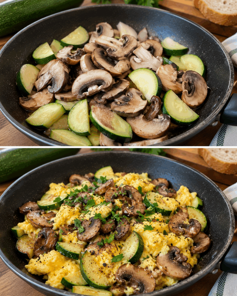 Cremige Eierpfanne mit Champignons und Zucchini – das schnelle Pfannengericht, das alle lieben