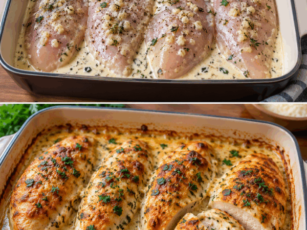 Dieses cremige Knoblauch-Hähnchen aus dem Ofen macht sich fast von allein – zart, saftig und voller würziger Soße