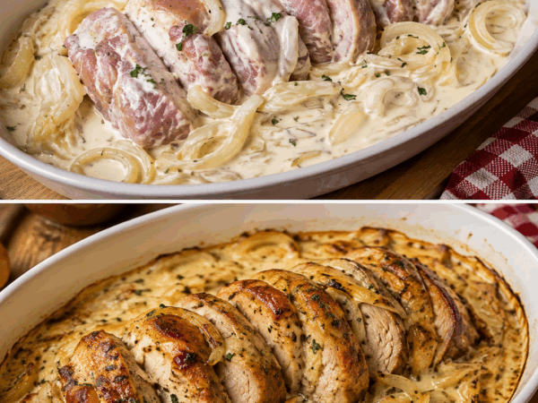 Schweinefilet mit geschmorten Zwiebeln und Reblochon – unglaublich cremig und perfekt aus dem Ofen