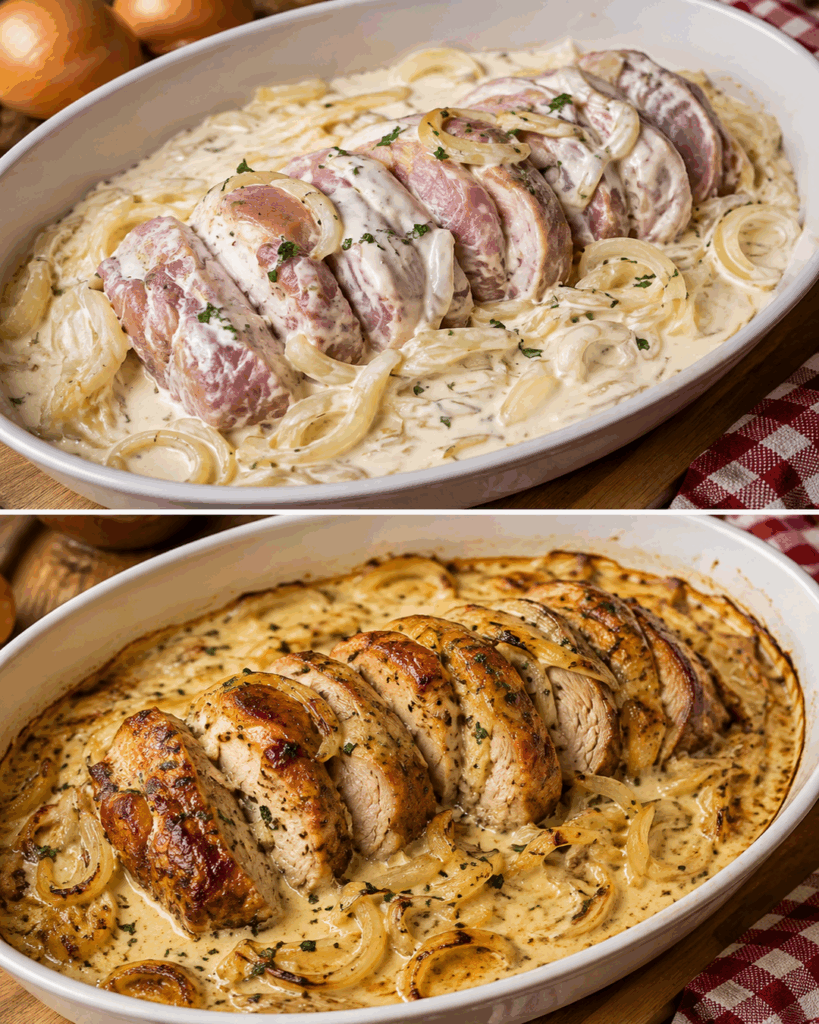 Schweinefilet mit geschmorten Zwiebeln und Reblochon – unglaublich cremig und perfekt aus dem Ofen