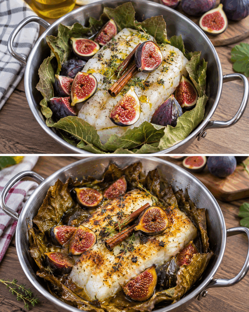 Ofenfisch mit Feigen auf Weinblättern – dieses aromatische Rezept sieht beeindruckend aus und ist überraschend einfach