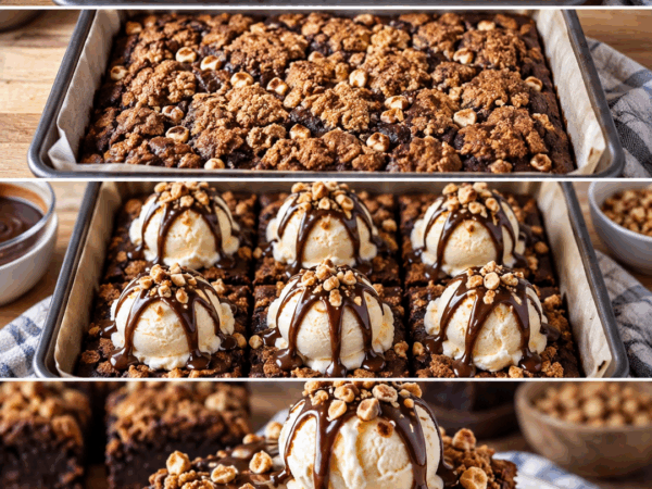 Schoko-Brownies mit Vanilleeis, Schokosauce und knusprigem Nuss-Crunch