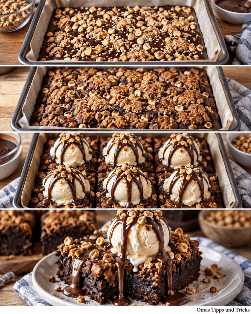 Schoko-Brownies mit Vanilleeis, Schokosauce und knusprigem Nuss-Crunch