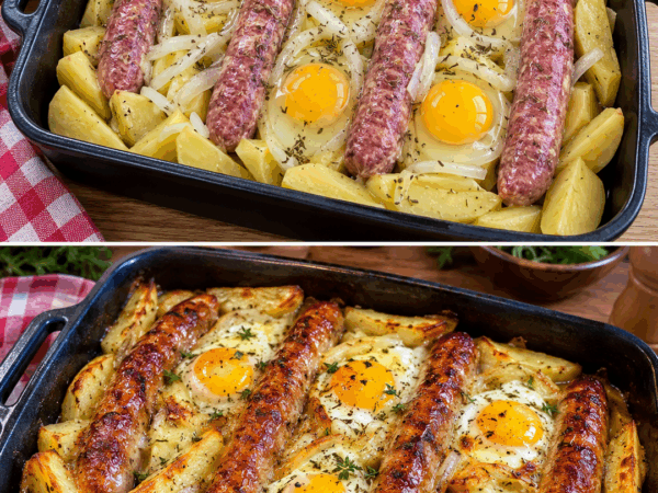 Herzhafte Bauernpfanne mit Würstchen, Kartoffeln und Eiern – knusprig aus dem Ofen