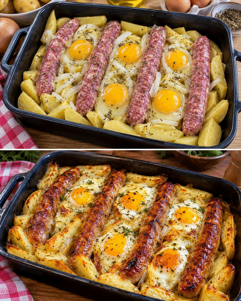 Herzhafte Bauernpfanne mit Würstchen, Kartoffeln und Eiern – knusprig aus dem Ofen