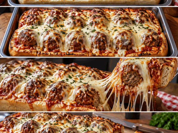 Überbackenes Hackbällchen-Baguette mit Tomatensauce und Mozzarella