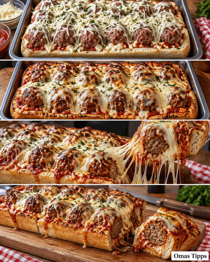 Überbackenes Hackbällchen-Baguette mit Tomatensauce und Mozzarella