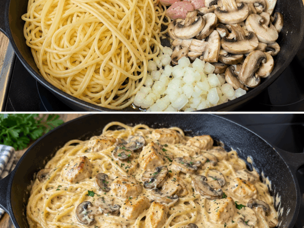 Cremige Hähnchen-Pilz-Spaghetti aus einer Pfanne – herrlich sämig und perfekt für die ganze Familie