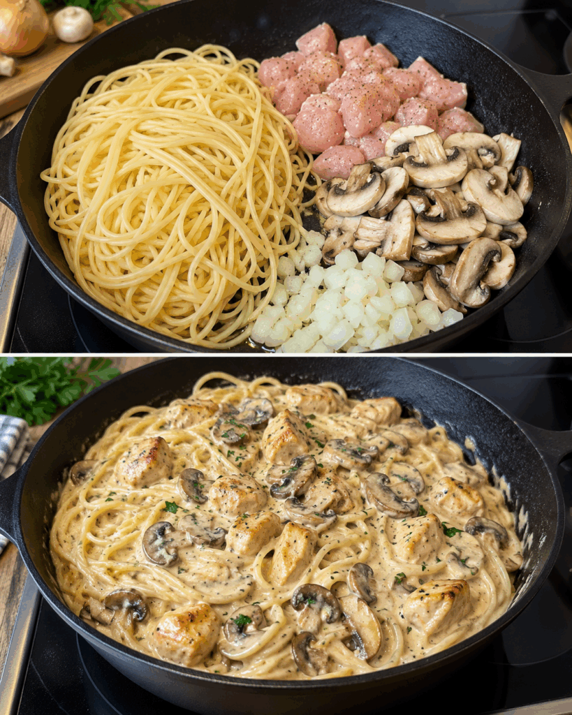 Cremige Hähnchen-Pilz-Spaghetti aus einer Pfanne – herrlich sämig und perfekt für die ganze Familie