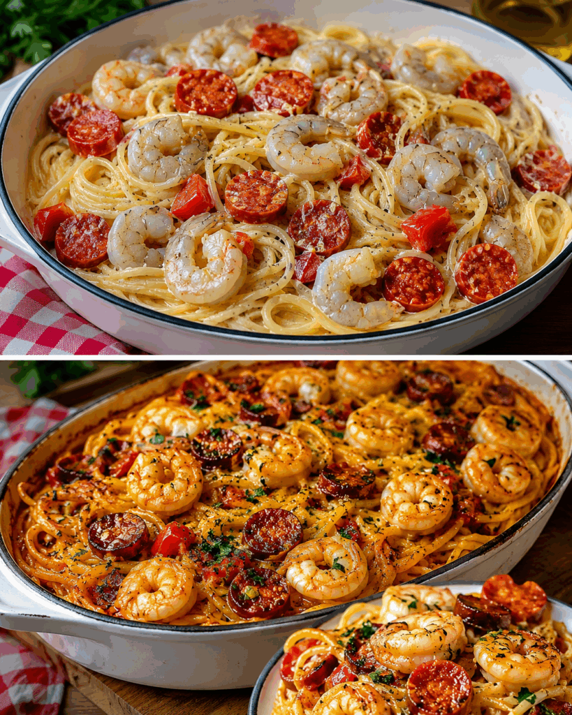 Diese cremigen Ofen-Spaghetti mit Garnelen und Chorizo machen garantiert Lust auf eine zweite Portion