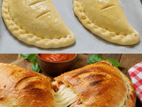 Diese goldbraunen Pizza-Calzone sind innen so käsig – beim Anschneiden zieht der Mozzarella herrlich Fäden!
