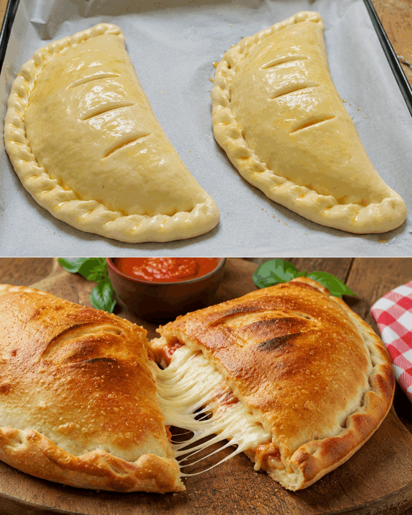 Diese goldbraunen Pizza-Calzone sind innen so käsig – beim Anschneiden zieht der Mozzarella herrlich Fäden!