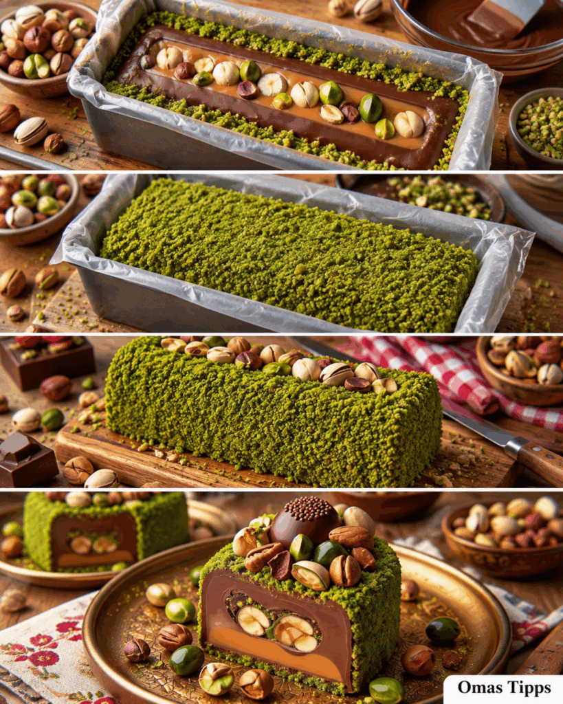 Pistazien-Schoko-Traum mit Karamell und Nüssen – cremige Kühlschrank-Terrine ohne Backen