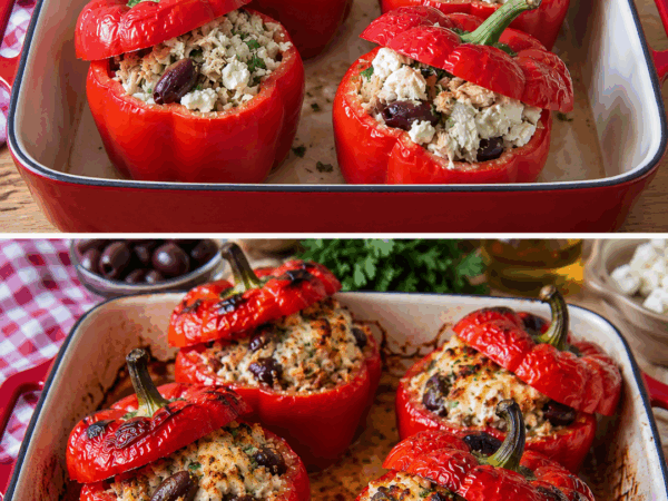 Gefüllte Paprika aus dem Ofen: Mediterran mit Reis, Feta und Oliven