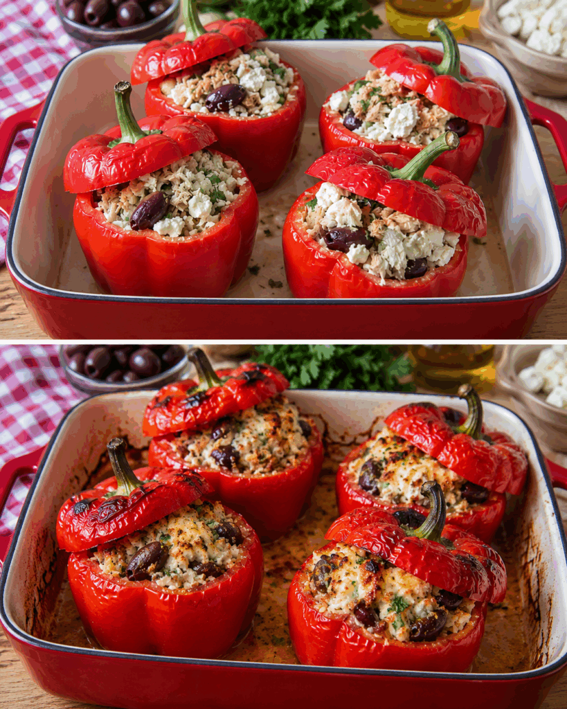 Gefüllte Paprika aus dem Ofen: Mediterran mit Reis, Feta und Oliven