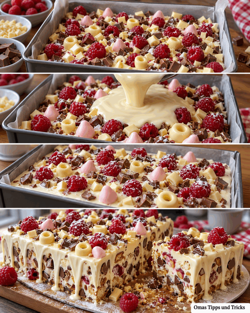 Himmlischer Himbeer-Schoko-Kühlschrankkuchen – cremig, knusprig und ganz ohne Backen