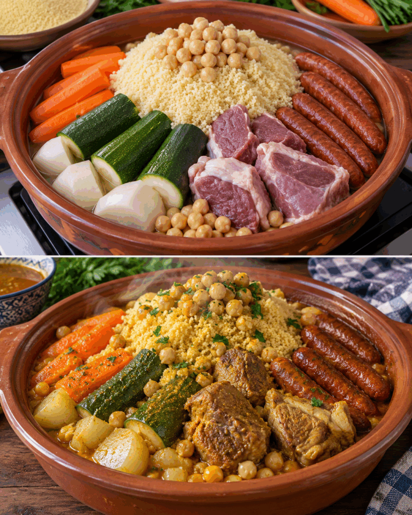 Couscous wie aus der Familienküche: Zartes Fleisch, würzige Merguez und Gemüse in einer herrlich aromatischen Brühe