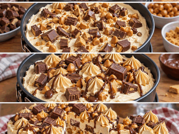 Cremige Schoko-Erdnussbutter-Torte mit Keksboden und Schokoriegeln