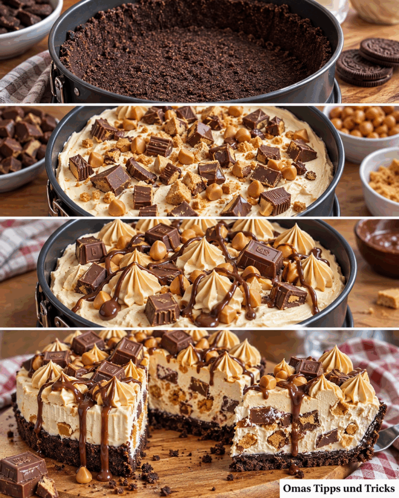 Cremige Schoko-Erdnussbutter-Torte mit Keksboden und Schokoriegeln