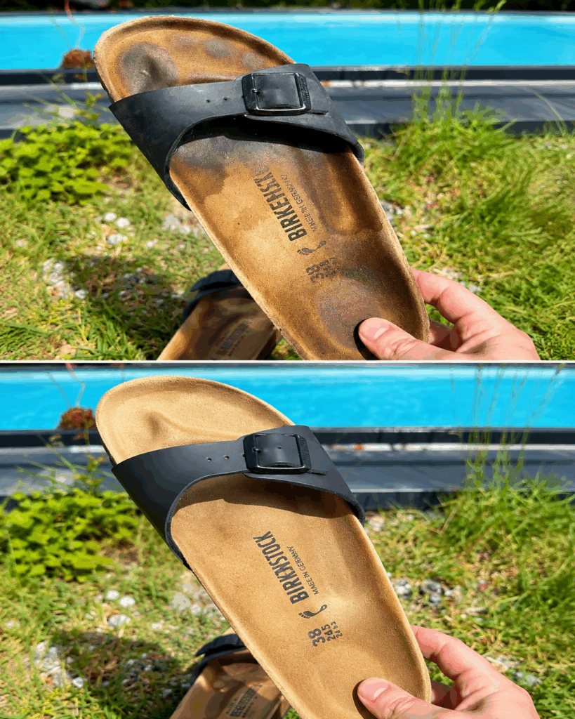 So werden verfärbte Sandalen-Fußbetten wieder gepflegt: Diese schonende Reinigung entfernt Schmutz und dunkle Fußspuren