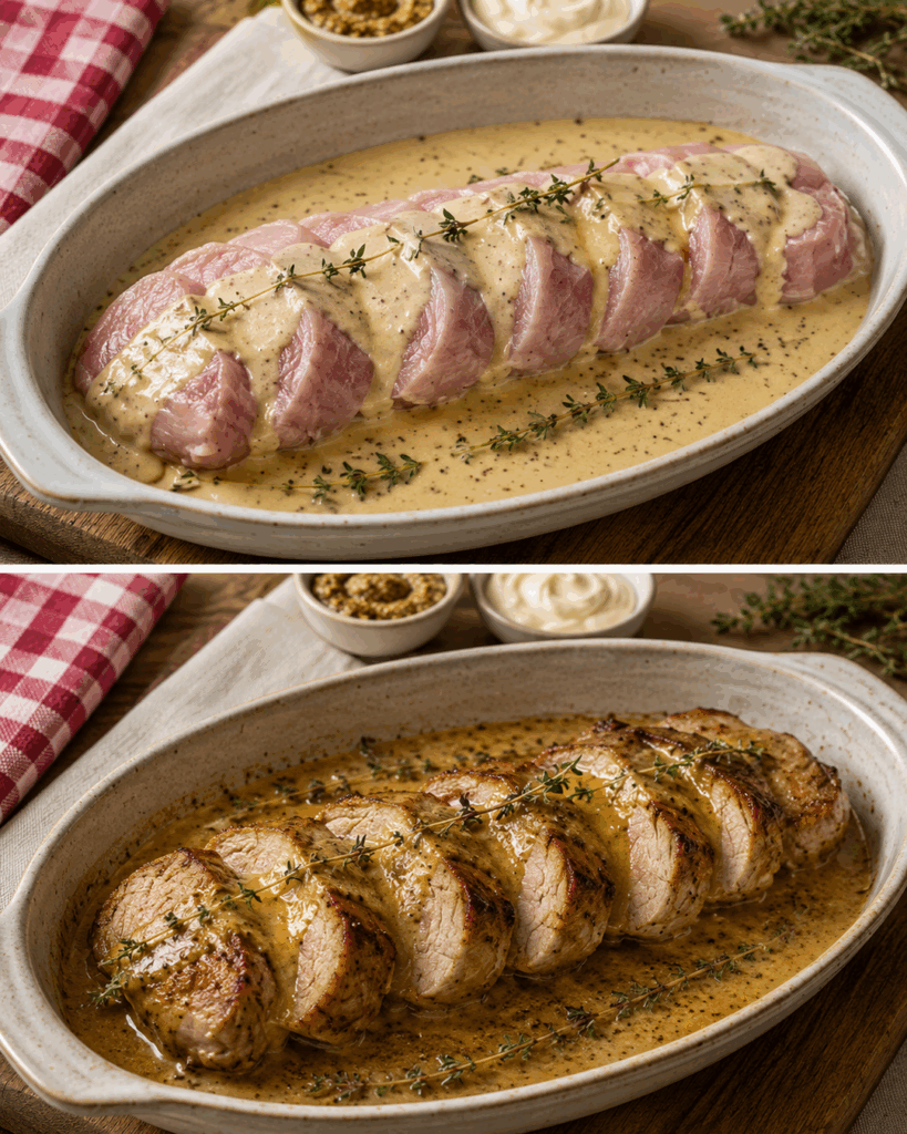 Schweinefilet in cremiger Honig-Senf-Sauce – zart, würzig und einfach aus dem Ofen