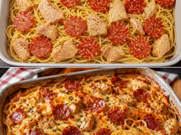 Dieser cremige Spaghetti-Auflauf mit Hähnchen & würziger Salami ist das Familienessen, von dem alle Nachschlag wollen!