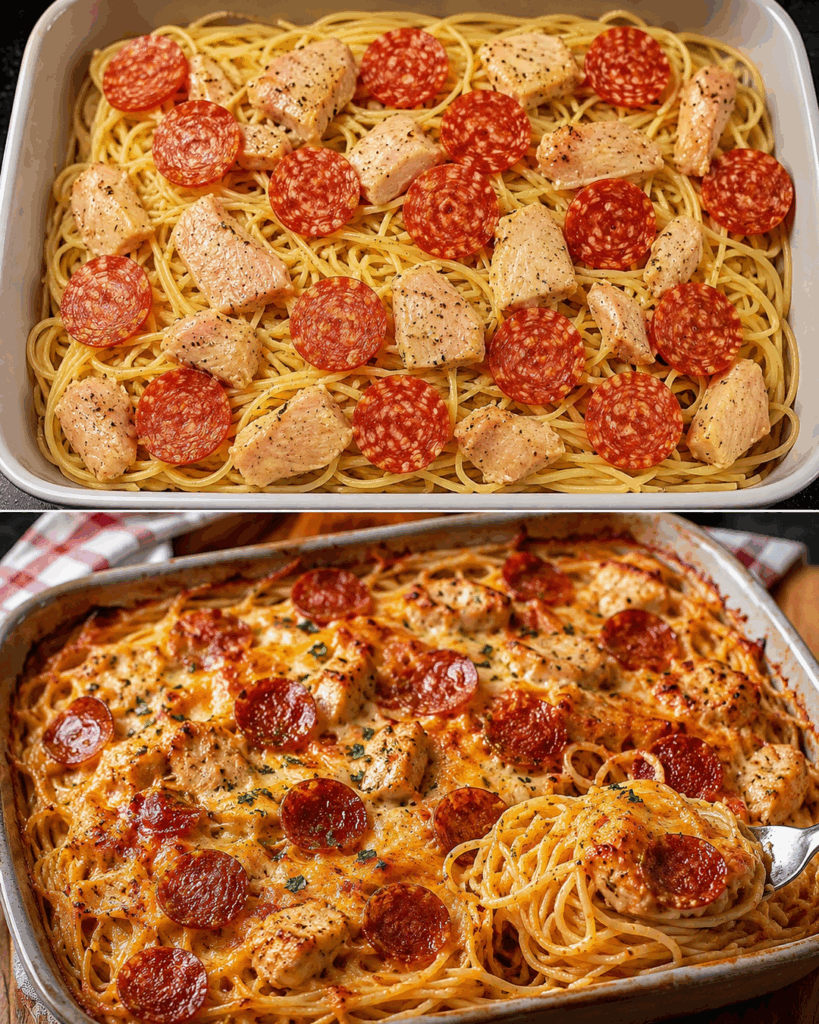 Dieser cremige Spaghetti-Auflauf mit Hähnchen & würziger Salami ist das Familienessen, von dem alle Nachschlag wollen!