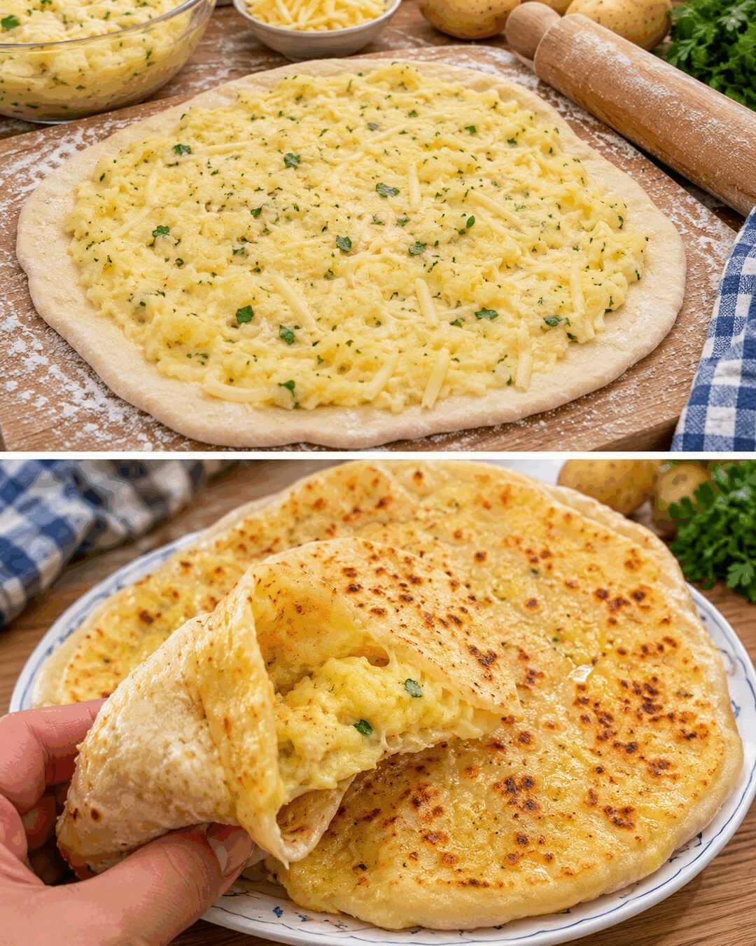 Selbstgemachte Fladen mit Kartoffel-Käse-Füllung – ohne Hefe