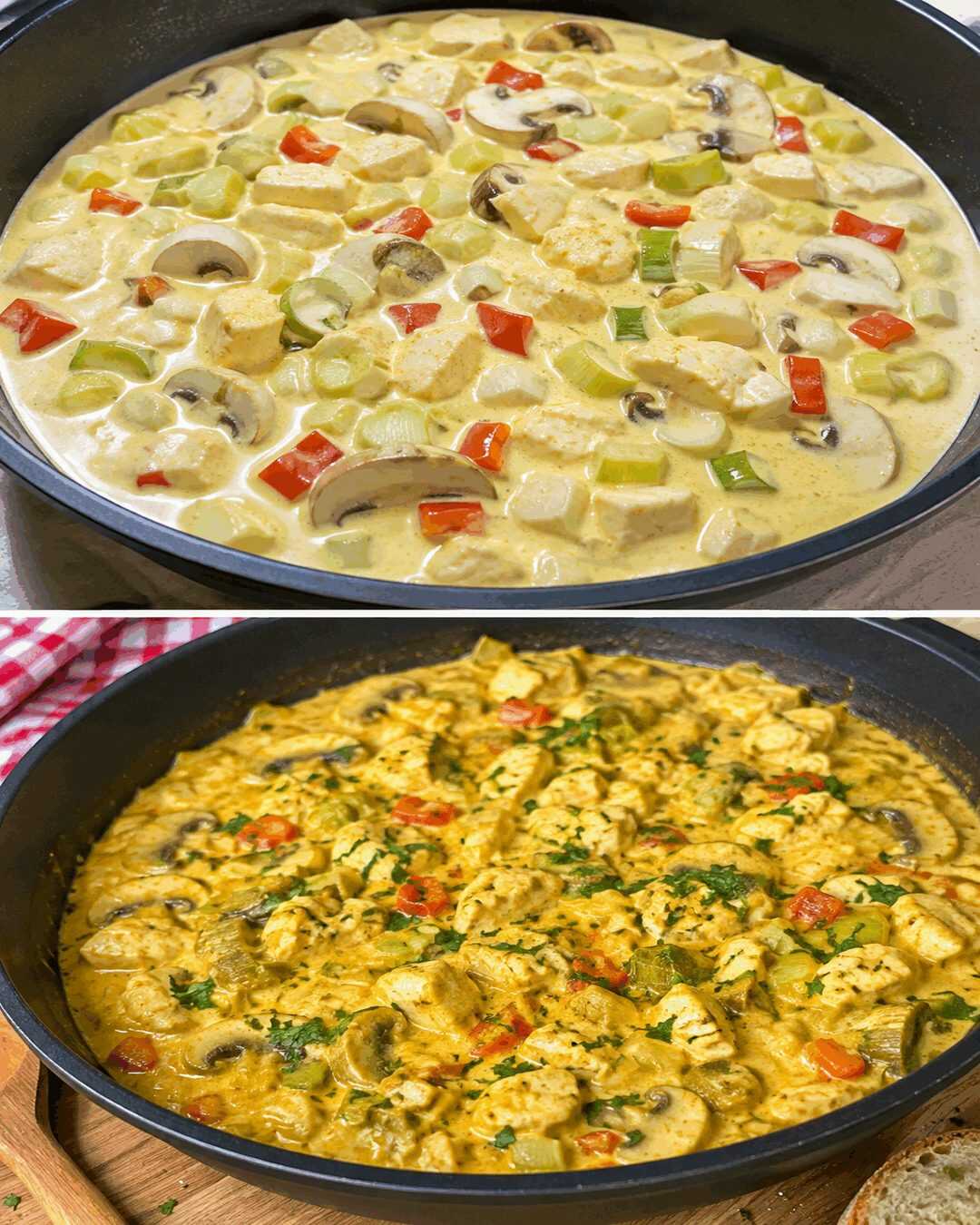 Cremige Hähnchen-Pfanne mit Lauch und Champignons