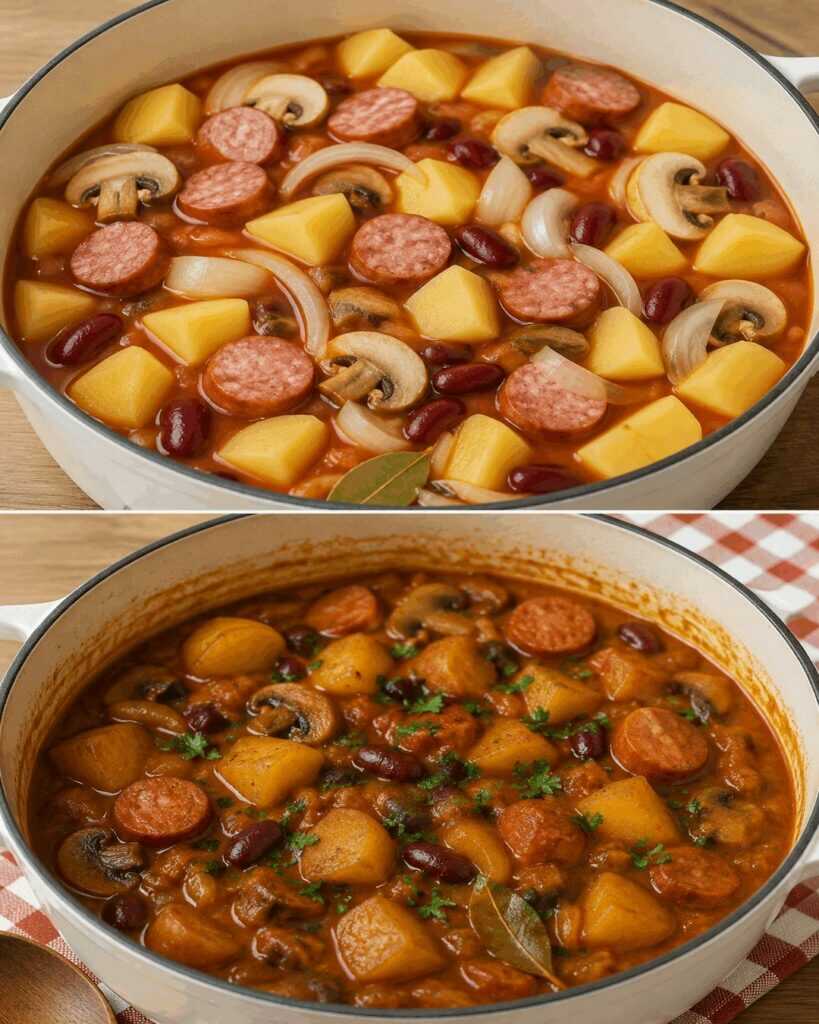 Kartoffel-Bohnen-Eintopf mit Wurst und Champignons