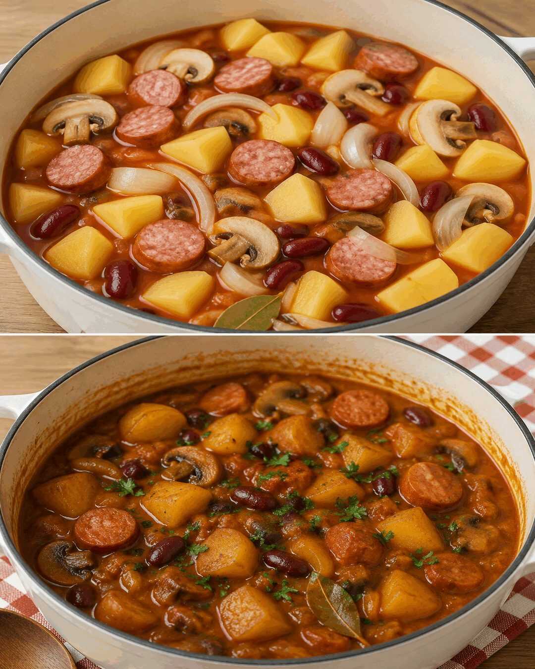 Kartoffel-Bohnen-Eintopf mit Wurst und Champignons