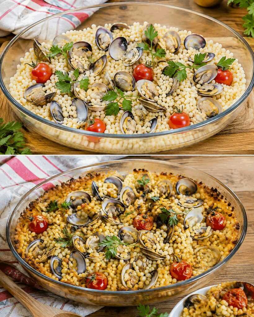 Mediterrane Fregola mit Venusmuscheln und Kirschtomaten aus dem Ofen