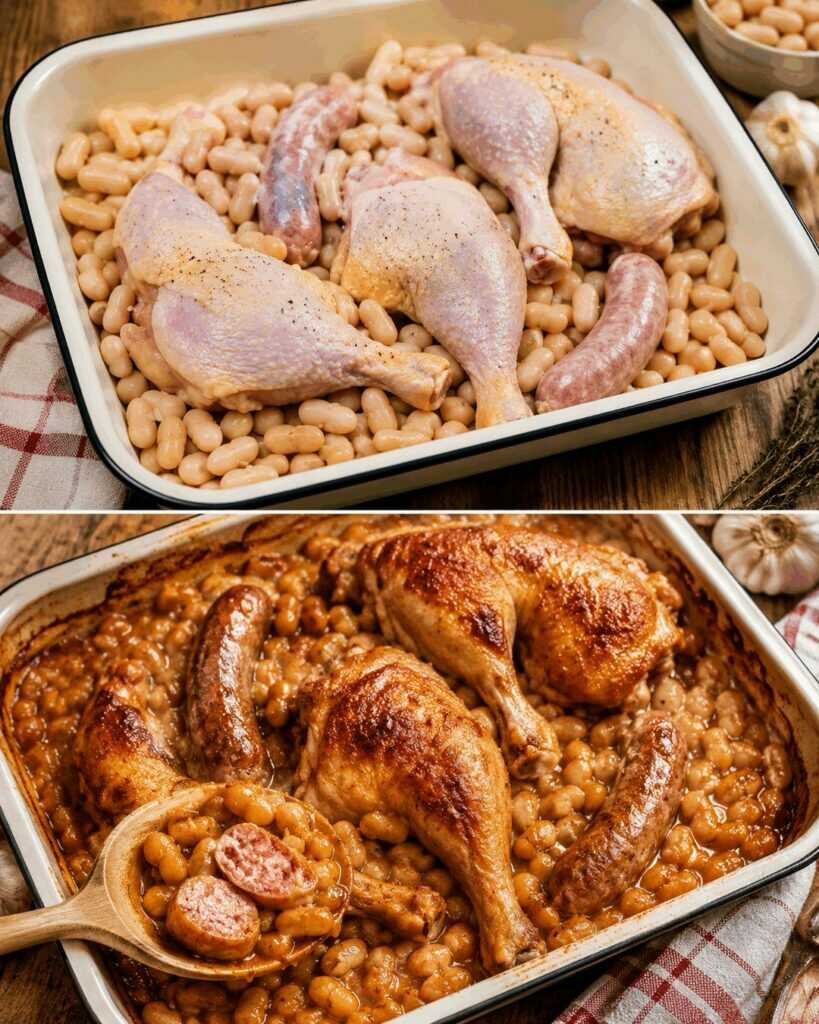Rustikaler Hähnchen-Bohnen-Auflauf mit Bratwurst aus dem Ofen