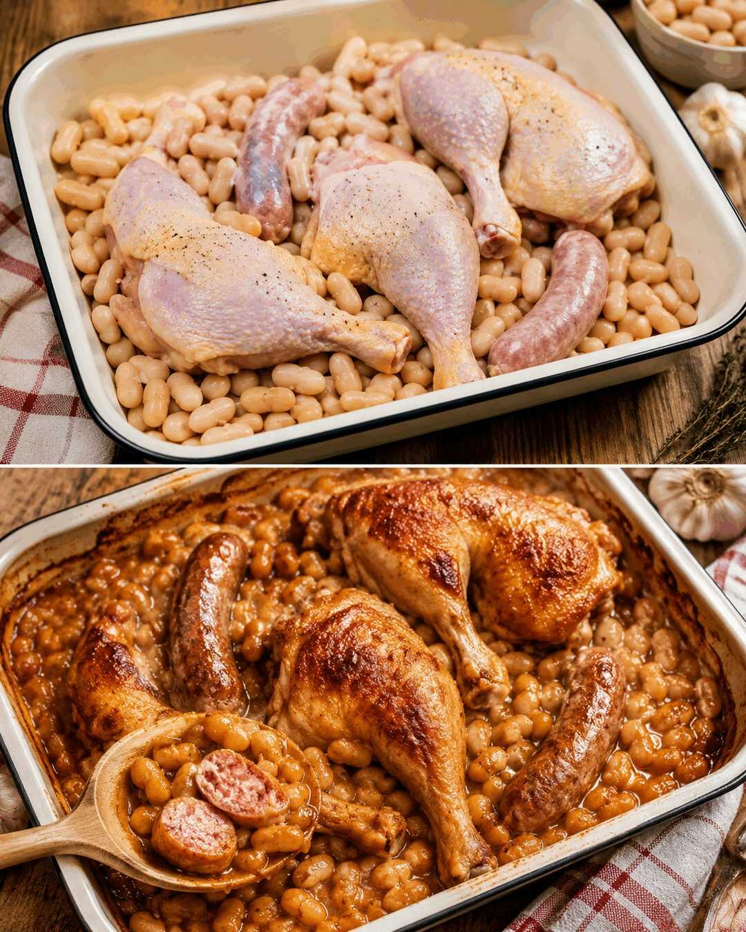 Rustikaler Hähnchen-Bohnen-Auflauf mit Bratwurst aus dem Ofen