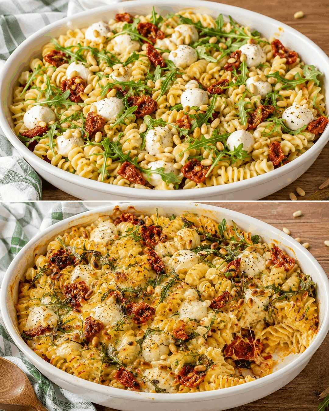 Cremiger Nudelauflauf mit Mozzarella, Rucola und getrockneten Tomaten