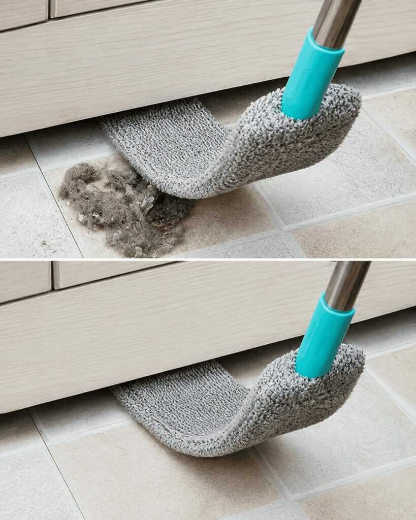 Mit einer flexiblen Staubbürste schwer erreichbare Stellen unter Möbeln gründlich reinigen