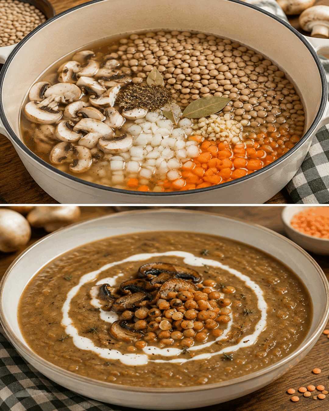 Cremige Linsensuppe mit Pilzen